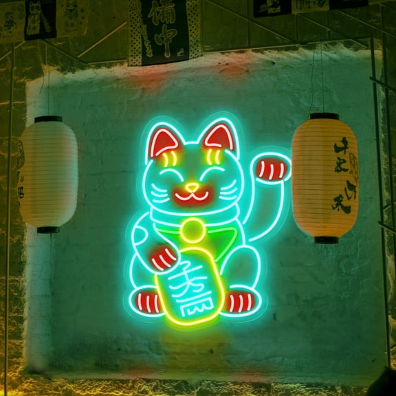 Lucky Cat Neon Sign – Japanese Fortune Cat LED Light for Shop Window Display, Restaurant Decor, Bar Sign, Good Luck Business Gift