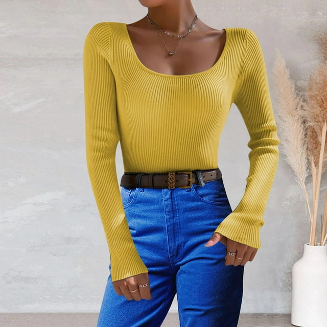 PMUYBHF Combinaison Chandail pour Femme Femmes Couleur Unie Col en U Chandail Tricoté Chandail à Col Roulé de Base Hauts TG