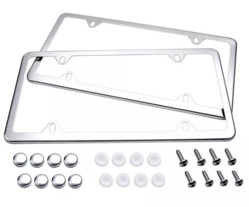 Chrome Screw Caps 2 PCS Stainless Steel Polish Mirror License Plate Frame Silver 