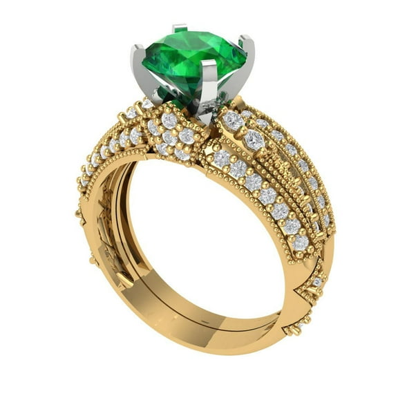 1.99 ct Brilliant Round Cut Emerald 14k Yellow/White Gold Solitaire with Accents Engagement Bridal Wedding Ring Band Set size 6.25