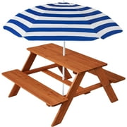 Kids Wooden Picnic Table, Outdoor Activity & Dining Table w/Adjustable Collapsible Umbrella, Built-in Seats - Navy Blue