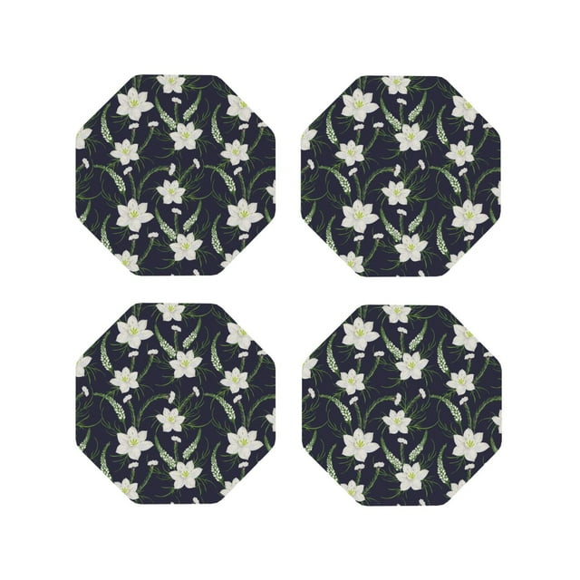 Easygdp Lilies Flowers or Leather Coasters Set of 4 Coaster, Non-Slip, Heat Resistant for Home, Office, Kitchen (Round,Square,Octagon,Hexagon)-Octagon