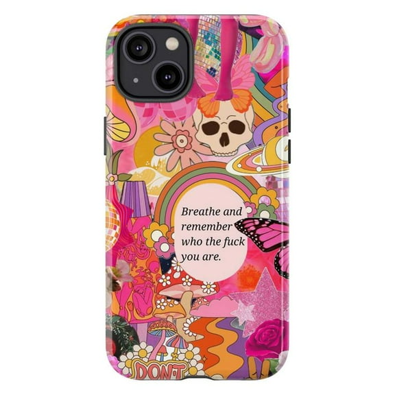 Retro Psychedelic Motivational Phone Case – Trippy Pink Collage with Skull, Butterfly, Groovy Quote – Protective Cover for iPhone 16 15 14 13 12 11 Pro Max Plus Mini