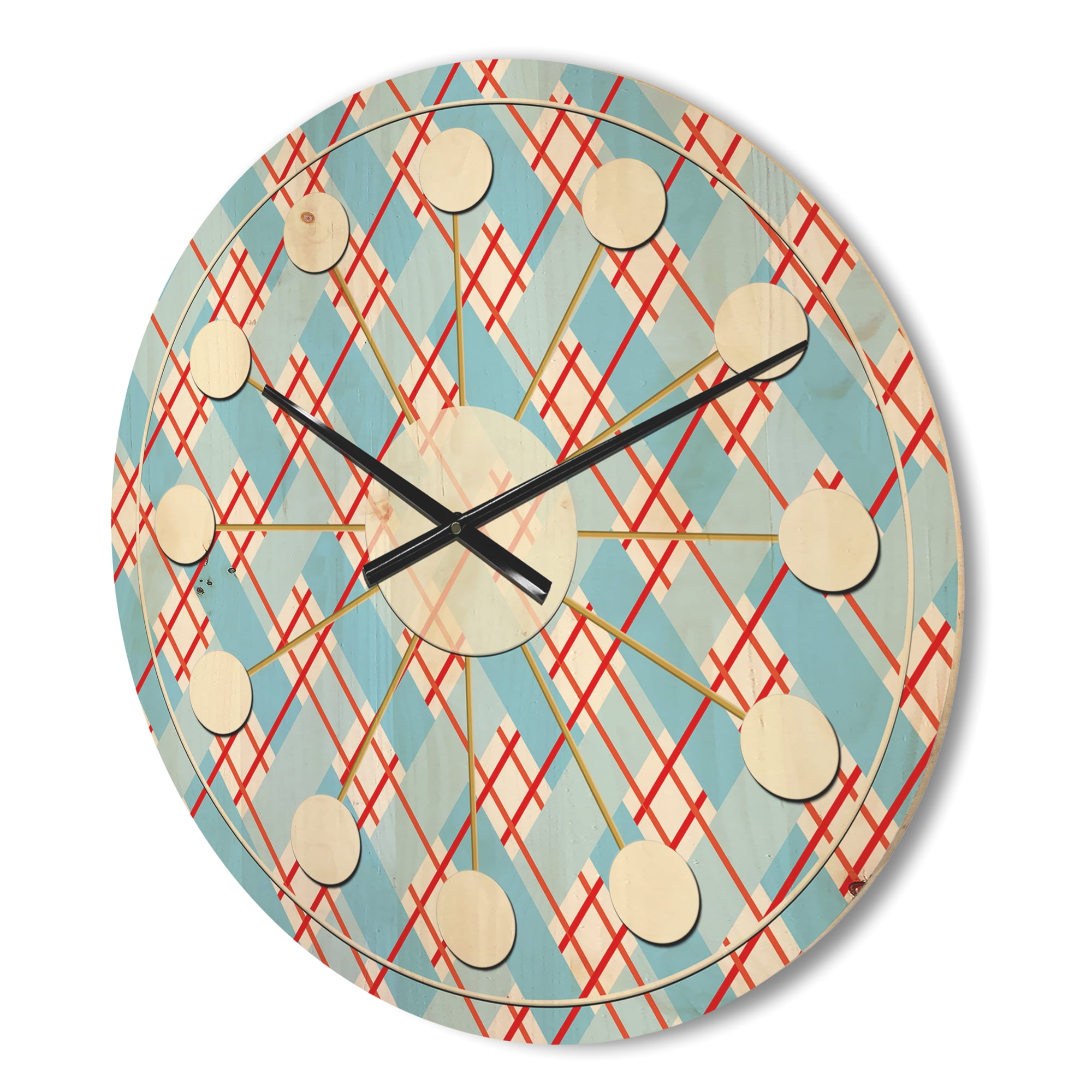 Designart 'Red and Blue Plaid' Mid-Century Modern Wood Wall Clock
