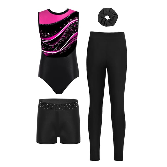 Haitryli Gymnastics Leotards for Girls Sleeveless Ballet Tumbling Unitard Biketard with Shorts Leggings Hairband Set Hot Pink 10