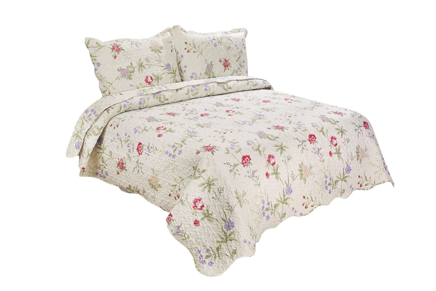 Marina Decoration Couvre-lit Pinsonic imprimé en relief ultra doux avec taies d'oreiller, motif floral clair rose vert rouge violet crème