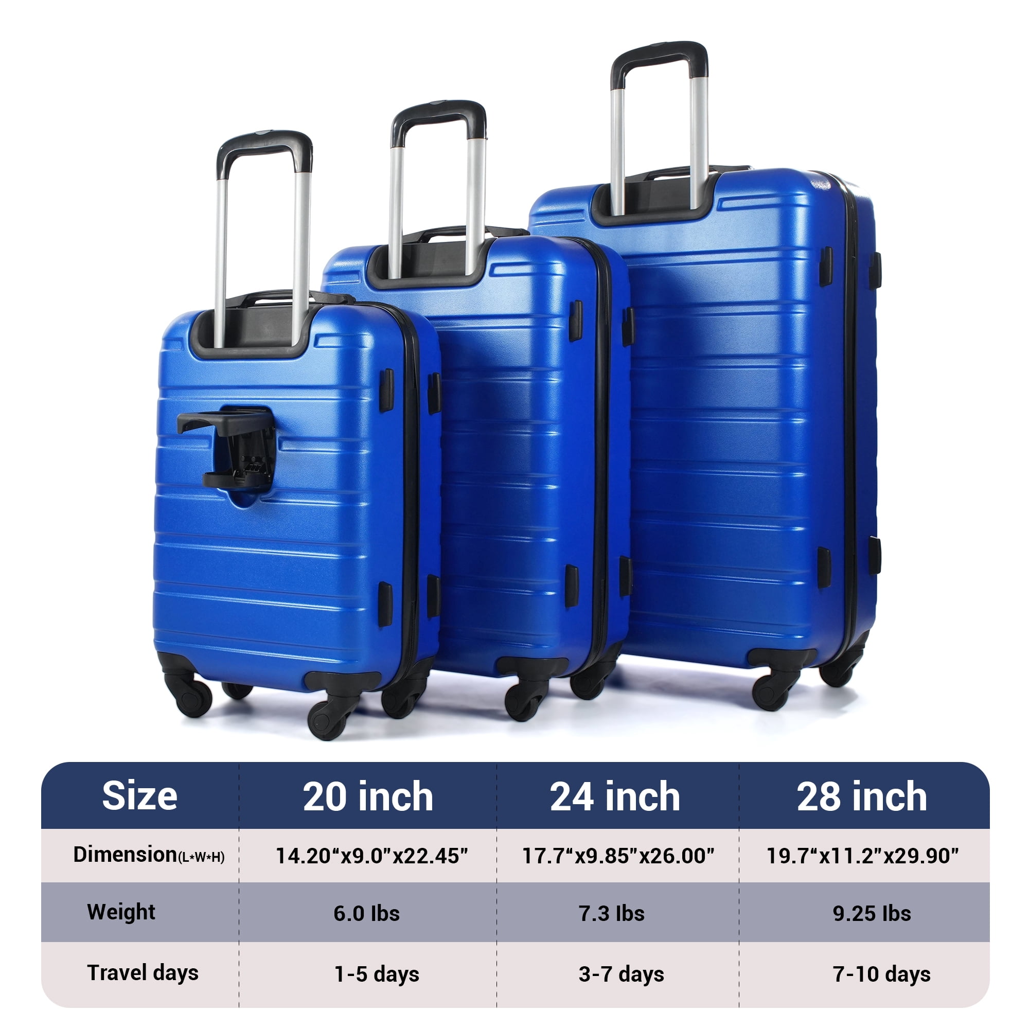 NiceTravel Luggage Set (20/24/28 inch),Hard-shell suitcase with Cup Holder(20"), Combination Locks & 360° Spinner Wheels, Blue