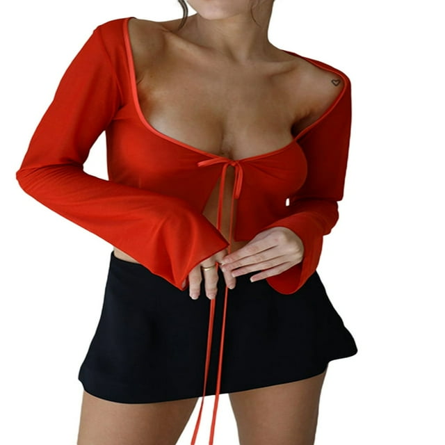 Women‘s Mesh Sheer Tie Up Open Front Long Sleeve Crop Top T Shirt