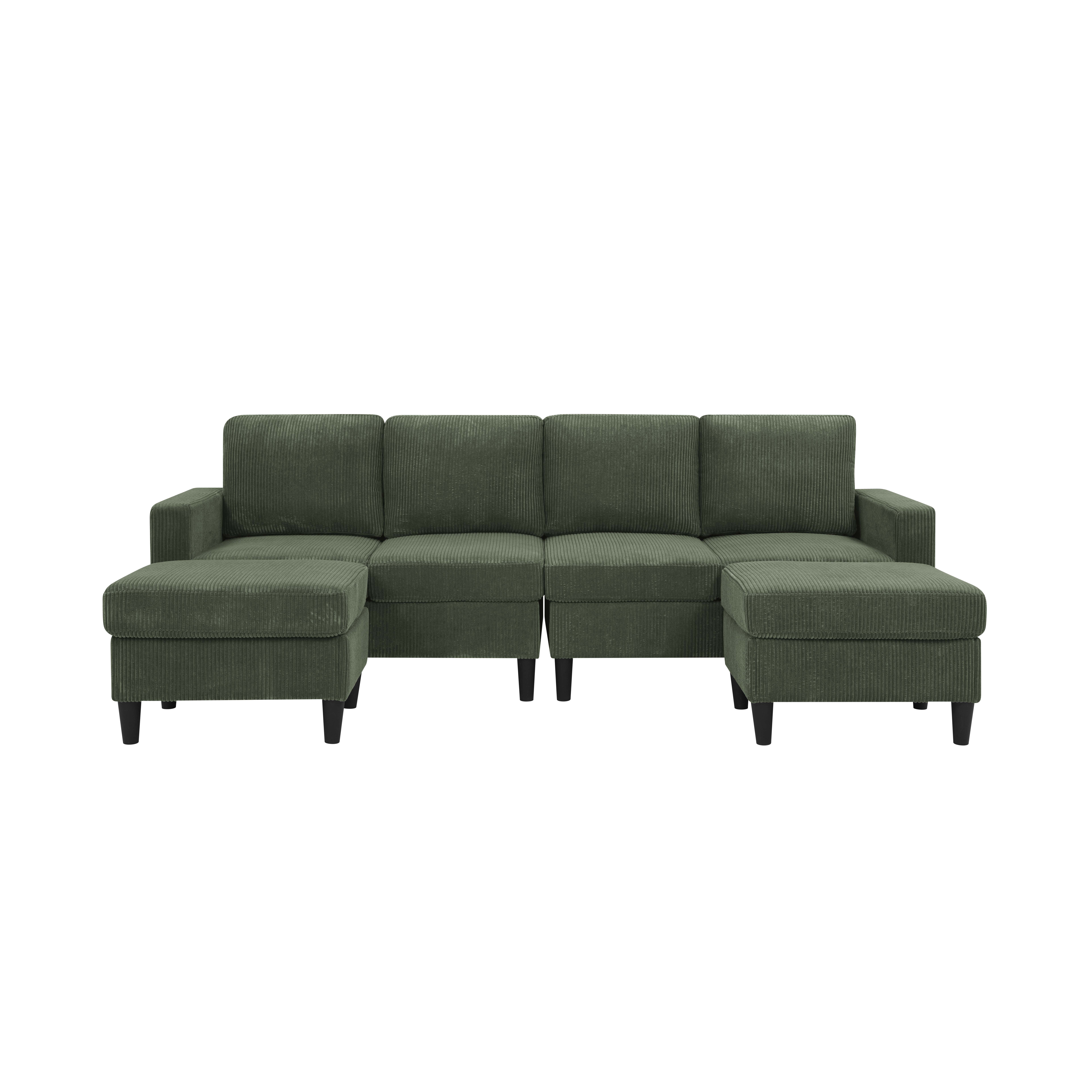 U-Shaped Modular Sectional Sofa Couch with Movable Ottomans,101" Cordory Upholstered 4 Seat Lounge Sleeper Couch for Living Room,Dark Green