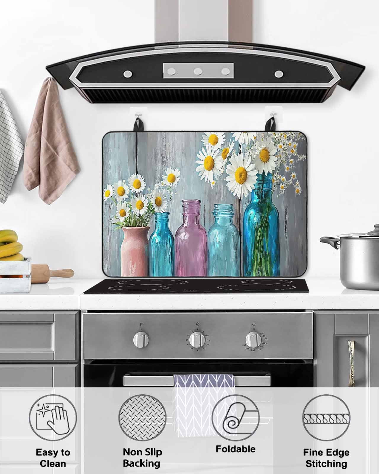 nqOlkjepod Large Induction Cooktop Protector Mat 36"x21", White Spring Floral Stove Top Covers for Electric Stove, Farmhouse Flowers Wooden Vintage Stove Burner Cover Mats, Glass Top Stove Cover