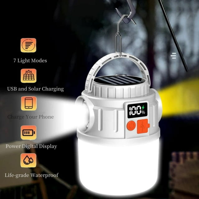 CHUANK Camping 3 Light Sources Camping Accessories USB Solar Charging Camping Gear Essentials Digital Electric Display Charging Your Devices 2400mAh Battery Camping Lights