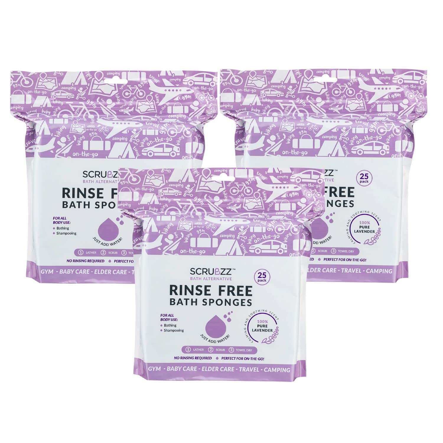 Scrubzz Rinse Free Bath Sponge, No Rinse Bath Wipes, Lavender Scented