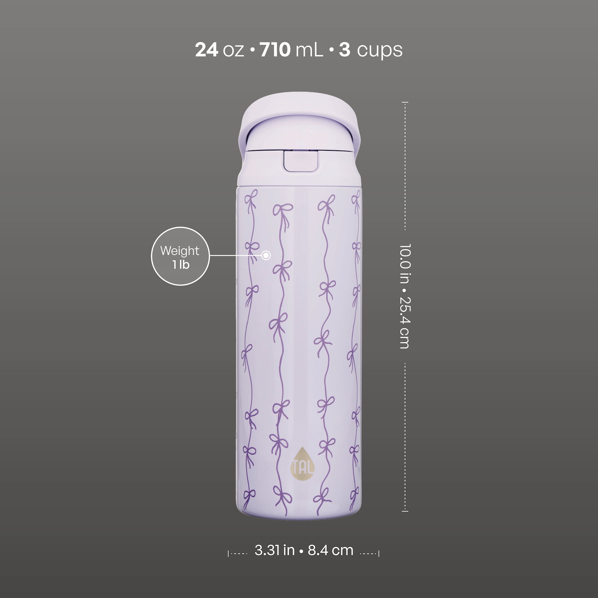 TAL 24oz Insulated Stainless Steel Water Bottle with 2-in-1 Straw & Chug Lid, Purple Bows