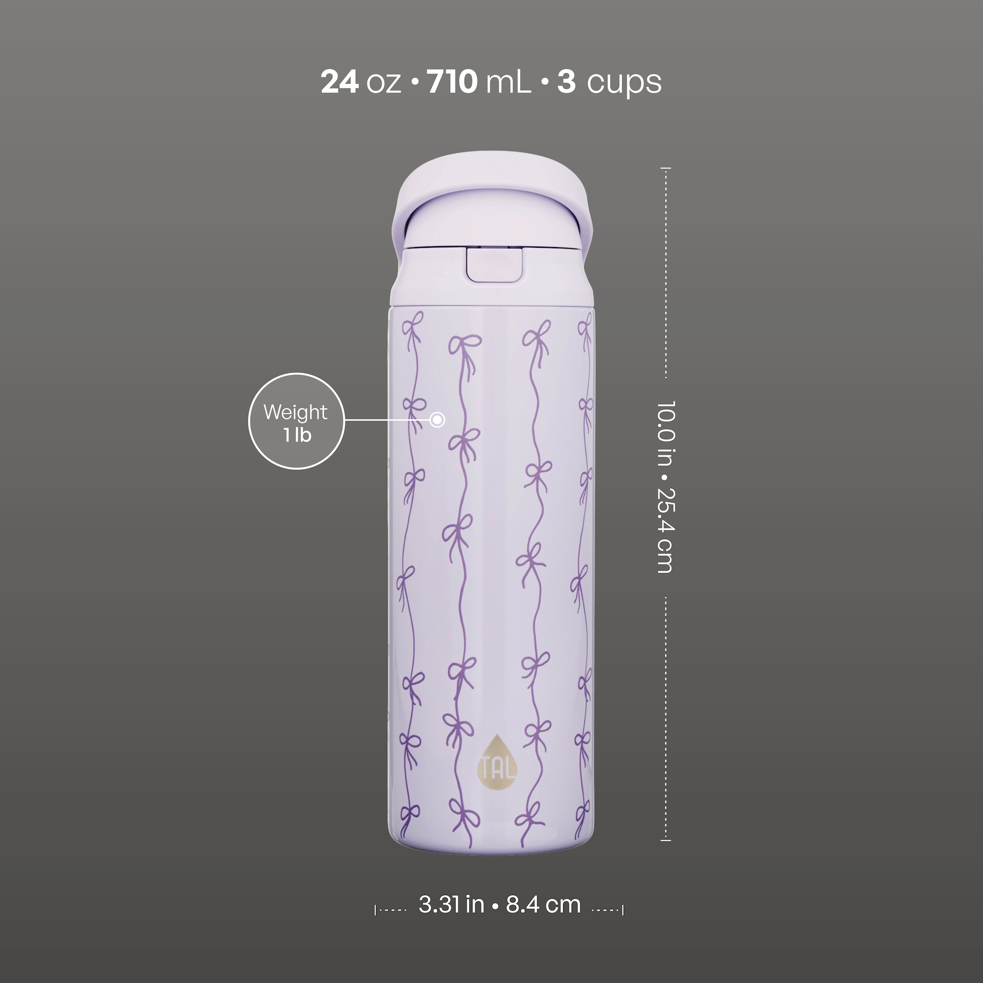 TAL Insulated Water Bottle 24oz Purple Bows 2-in-1 Lid photo 6