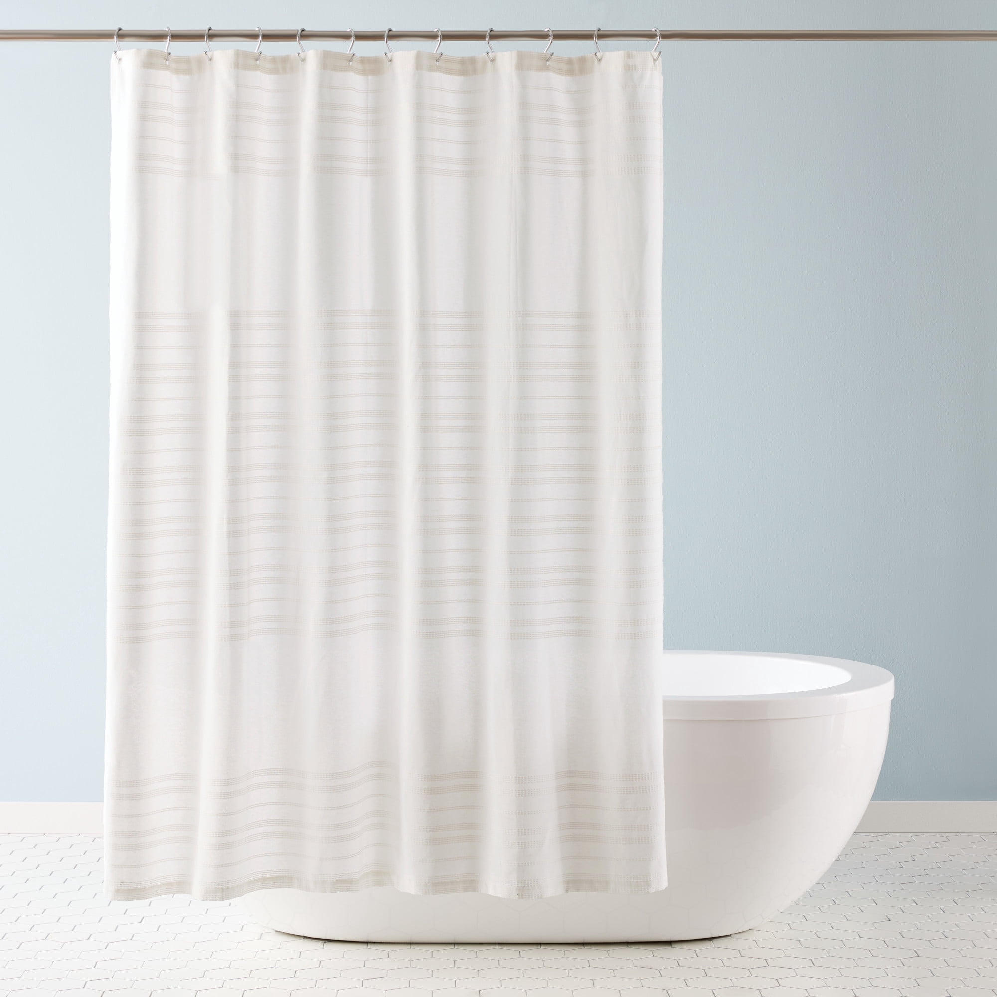 TOWN & COUNTRY EVERYDAY Sophia Textured Solid Cotton-Rich Breathable Fabric Shower Curtain with Reinforced Buttonhole Top Hem, White, 70"x72"