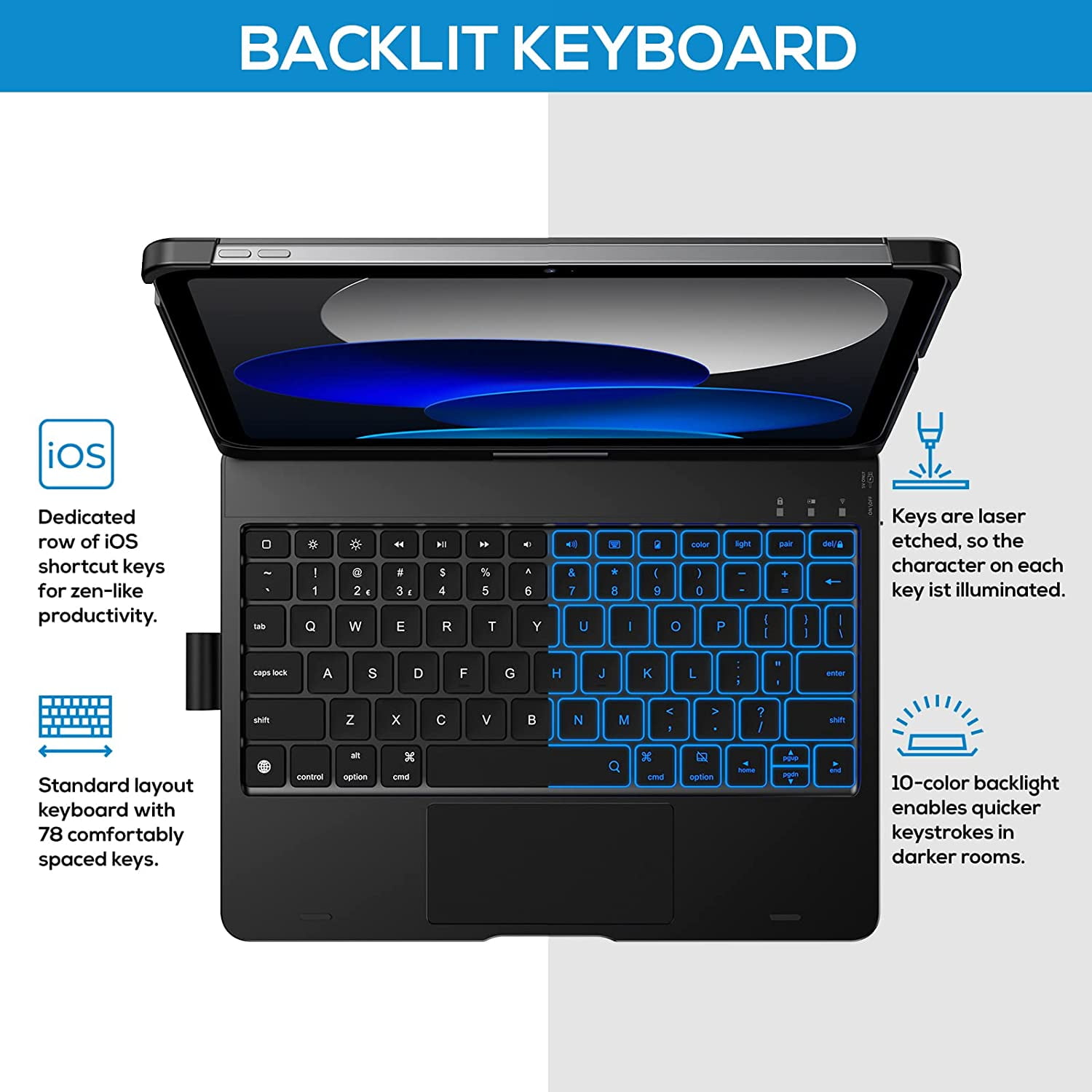typecase Touch Case with Keyboard for iPad 11th(A16, 2025) & iPad 10th Gen(10.9", 2022), Trackpad, 11 Color Backlight, 360° Rotatable with Pencil Holder - Black
