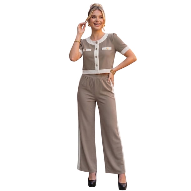 Conjunto Casual para Mujer 2 Piezas Blusa Crop con Botones Decorativos y Pantalón Palazzo de Pierna Ancha