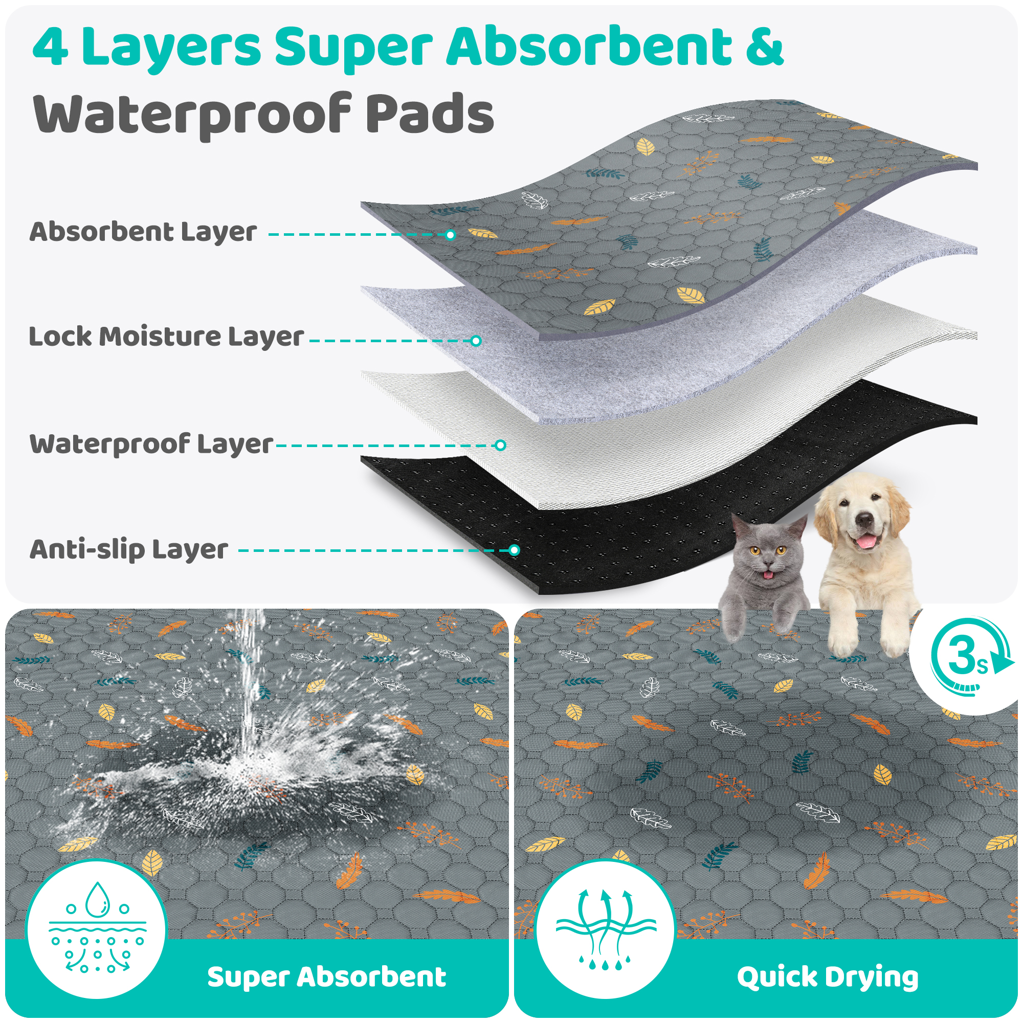 Washable Pee Pads for Dogs, 1 PACK 72" x 72" Reusable Puppy Pads Non-Slip Pet Leaf Pattern Training Pads, Super Absorbent Whelping Pads for Playpen, Potty, Crate, Bed (with 60''L Dog Leash)