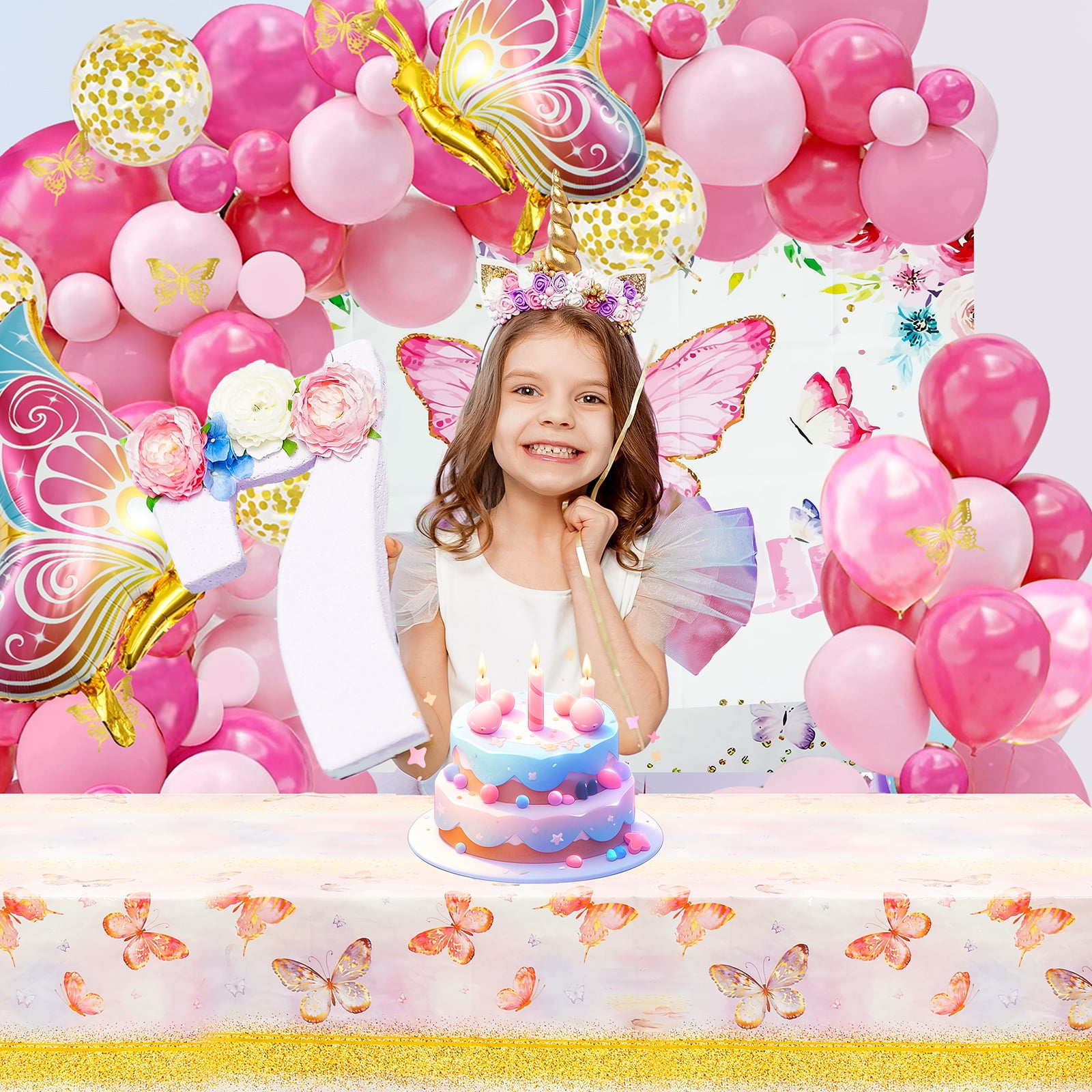 126Pcs Pink Balloon Arch Kit with Foil Butterfly Balloons, Happy Birthday Backdrop & Tablecloth Decorations for Girl's Party