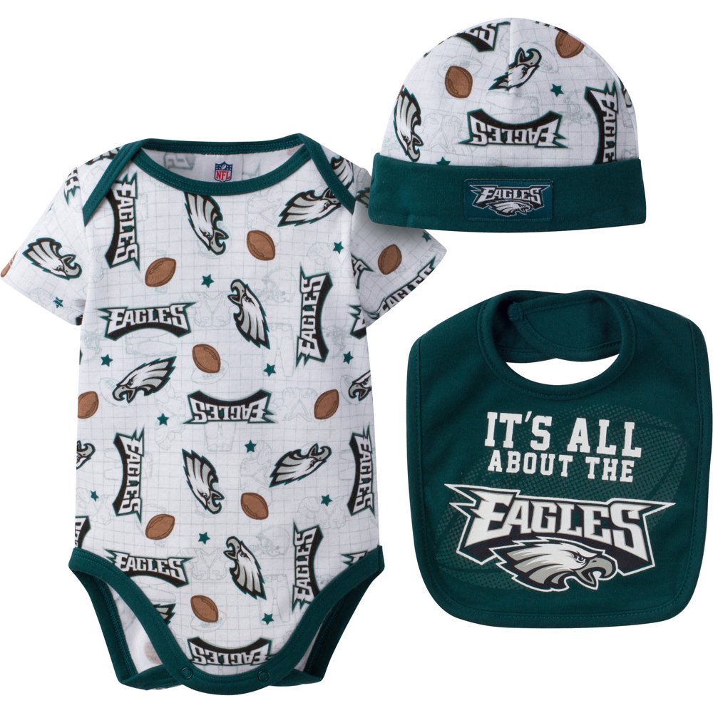 NFL Philadelphia Eagles Baby Boys Bodysuit, Bib and Cap Outfit Set, 3