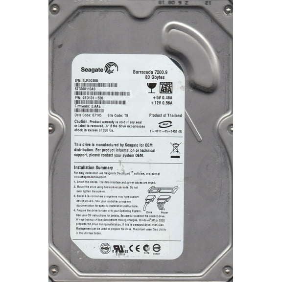 ST3808110AS, 9LR, TK, PN 9BD131-520, FW 3.AAE, Seagate 80GB SATA 3.5 Hard Drive
