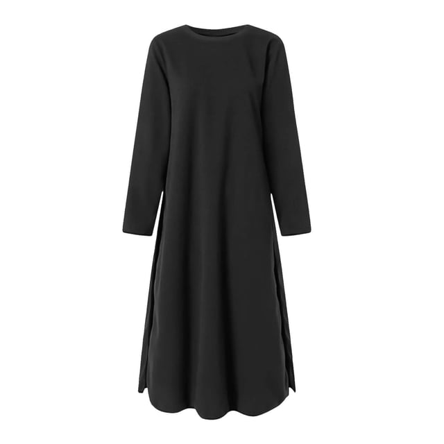 cfhntfmh Robes Grande Taille pour Femmes Décontractées d'Automne Col Rond Manches Longues Robe Fluide Ample Couleur Unie Fente Latérale Longue Robe Maxi