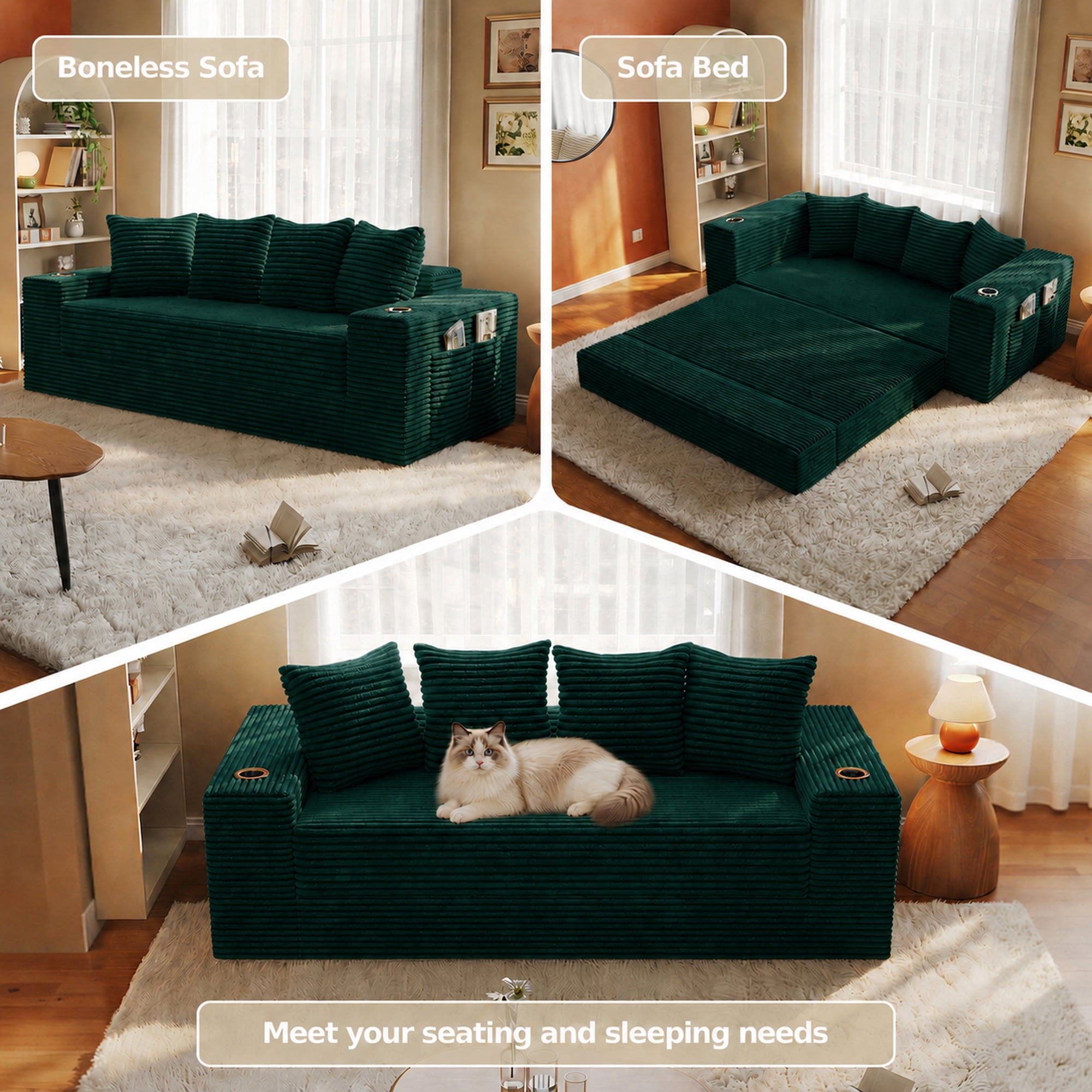 Leumius 2-in-1 Convertible Sofa Bed,Boneless Corduroy Modular Sleeper Couch with Cup Holders & Side Storage Pockets,Oversized Deep Seat Sofa for Living Room, Apartment, Guest Room,Green