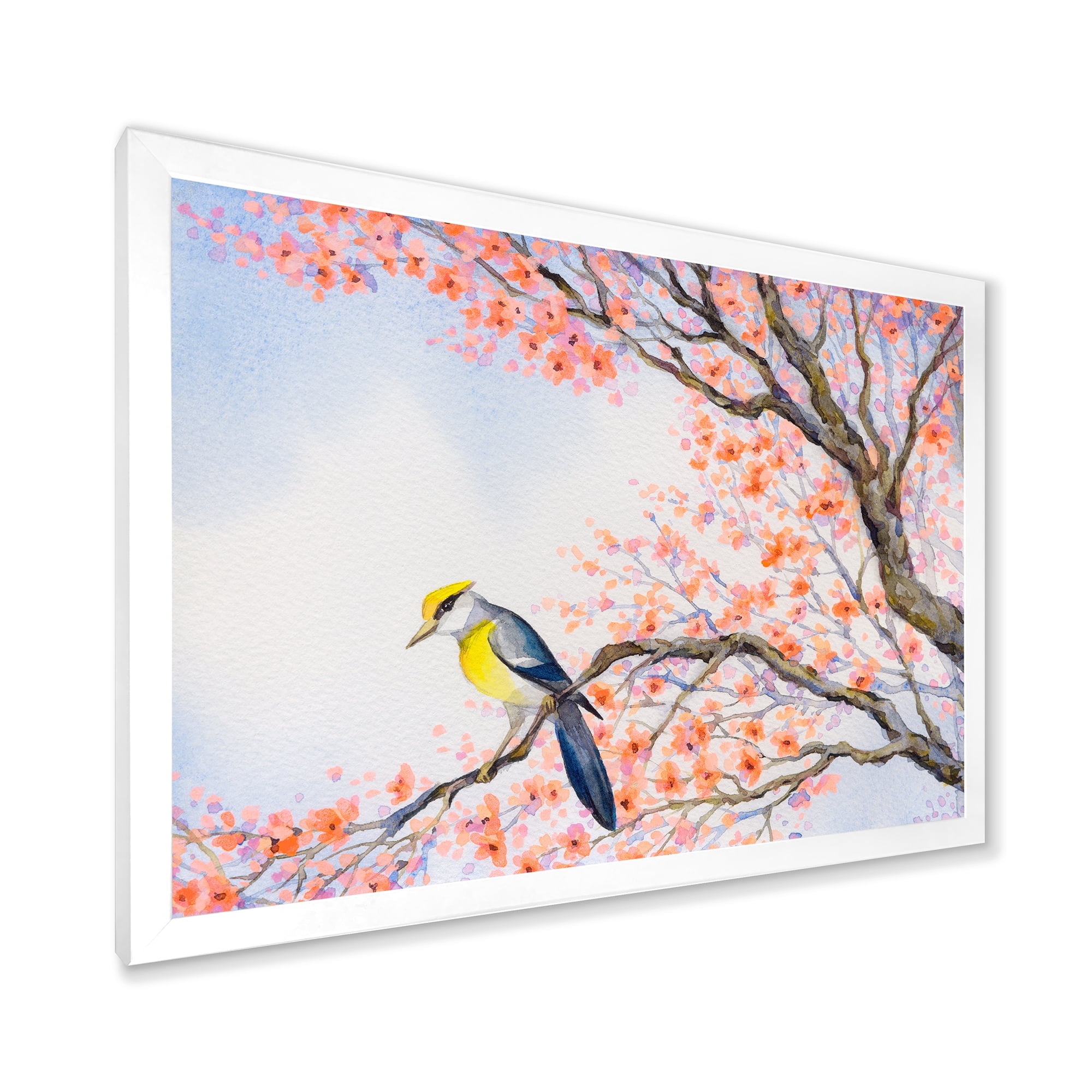 Beautiful Blue Bird Sitting On Flowering Branch I 40 in x 30 in Framed Painting Canvas Art Print, by Designart