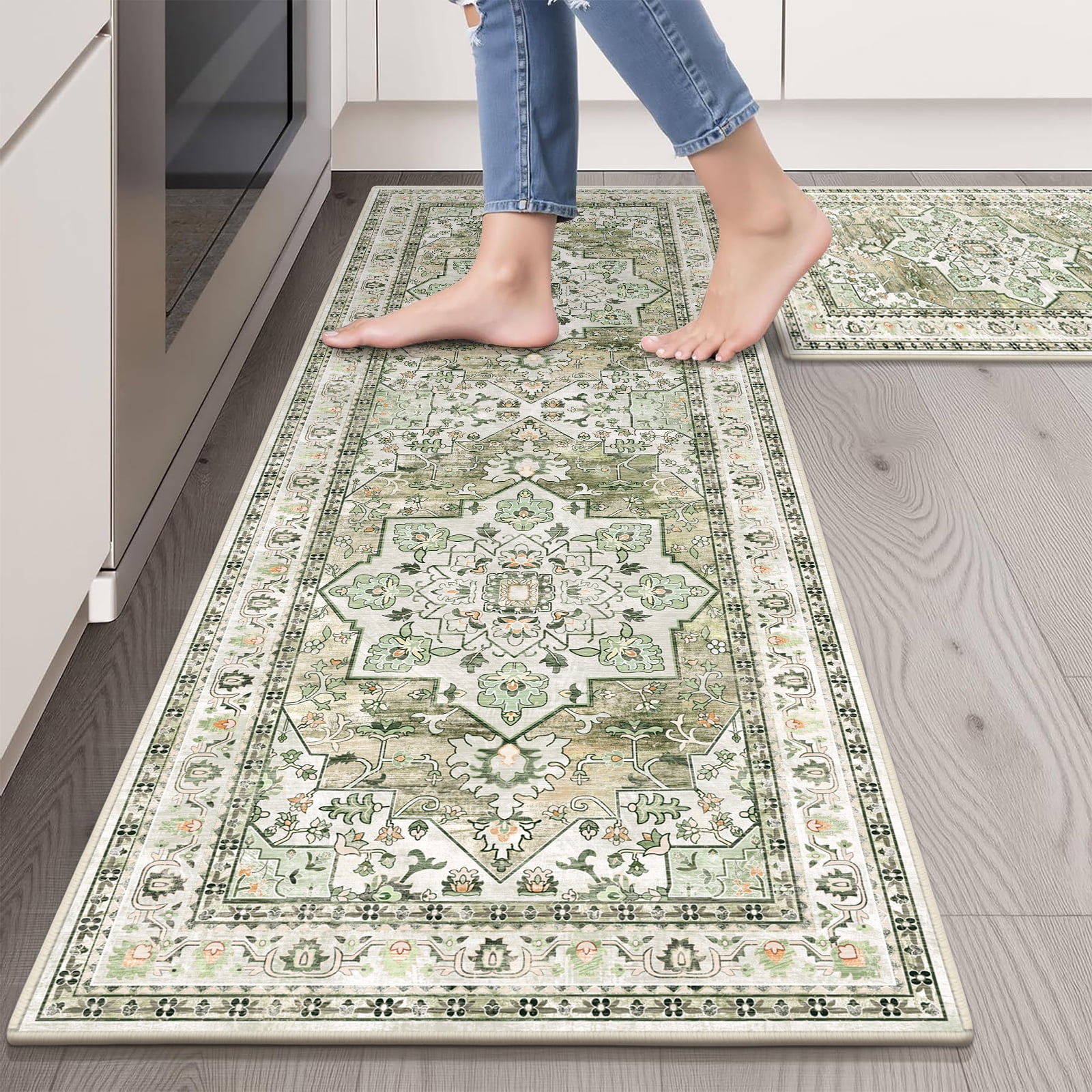 Findosom 2pcs Kitchen Rugs, Washable Boho Farmhouse Kitchen Mats for Floor, Non Slip Thick Indoor Kitchen Floor Mat Carpet Runner Rugs for Entryway Hallway Laundry Home Decor 20"x32"+20"x47" Green