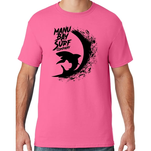 Mens Manu Bay Surf Company BLACK SURFING SHARK T-shirt, Large Neon Pink