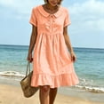 thumbnail image 6 of Ayolanni Women Summer Dresses Short Sleeve Solid V Neck A-Line Midi Dress Travel Beach Cotton Linen Flowy Dress Orange S, 6 of 7