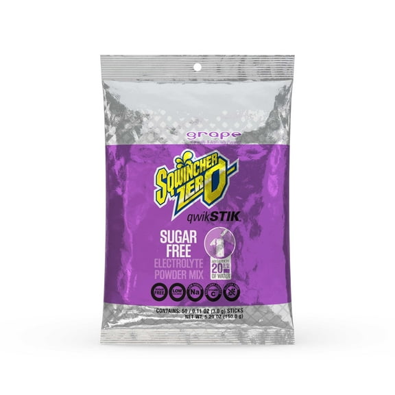 Sqwincher Zero Qwik Stik, Sugar Free, Low Calorie, Low Sodium Electrolyte Powder Hydration Drink Mix, Grape, .11 0z Packet (Pack of 50)