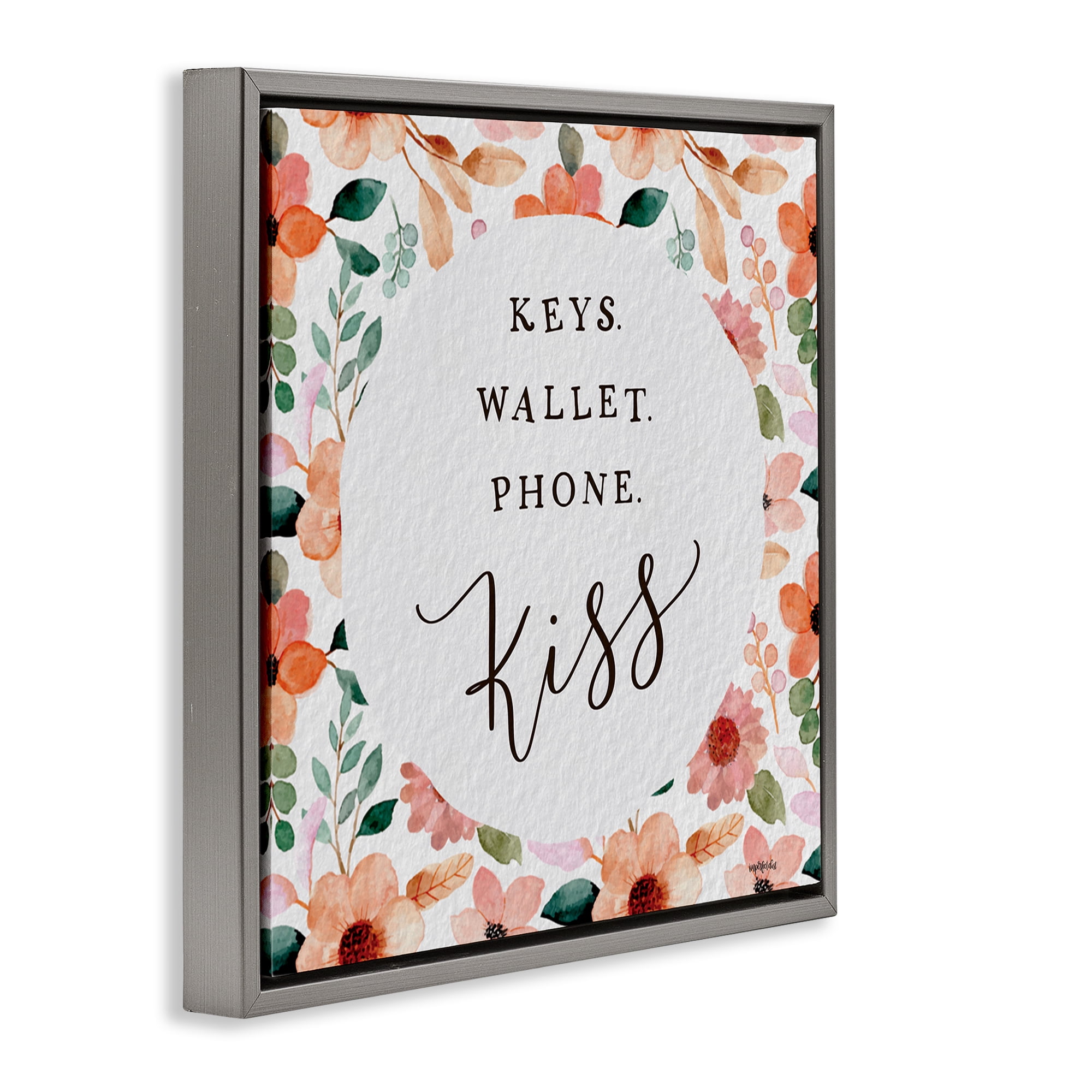 Stupell Industries Keys Wallet Phone Kiss Plants & Flowers Painting Gray Floater Framed Canvas Art Print Wall Art, 18 x 18