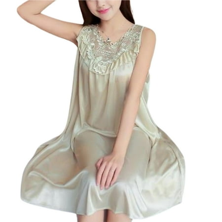 

YMH Female Nightgown Sleeveless Lace Stitching V-neck Sexy Women Faux Silk Sleepwear for Lady