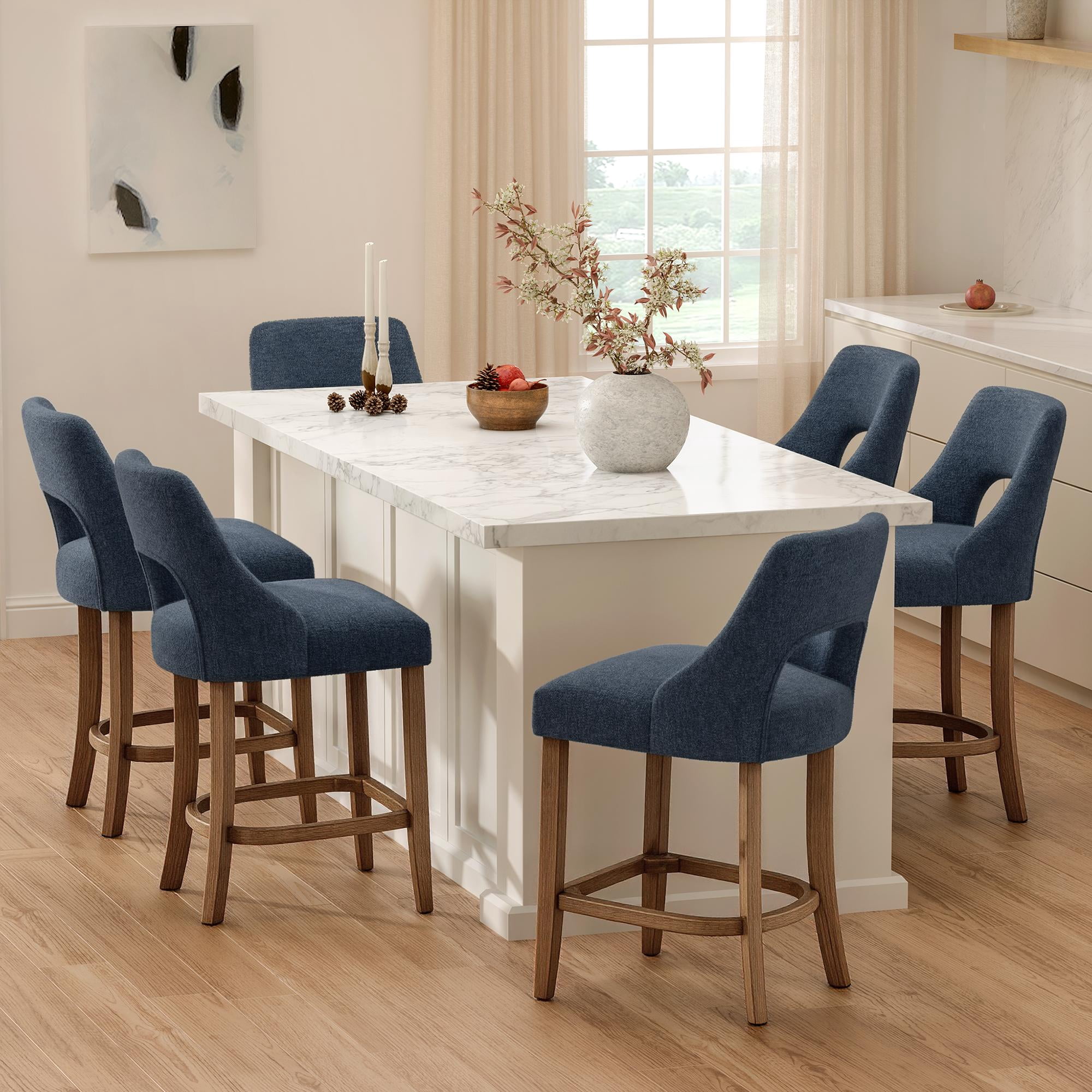 PORKISS 26" Bar Stools Set of 2, Upholstered Kitchen Island Stools with Hollow Back, Mid-Century Counter Stools with Wood Legs Footrest, Navy