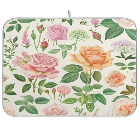 

joogoo Botanical Rose Flower Dish Drying Mat Kitchen Counter Absorbent Drying Pad 16x18 in Drainer Rack