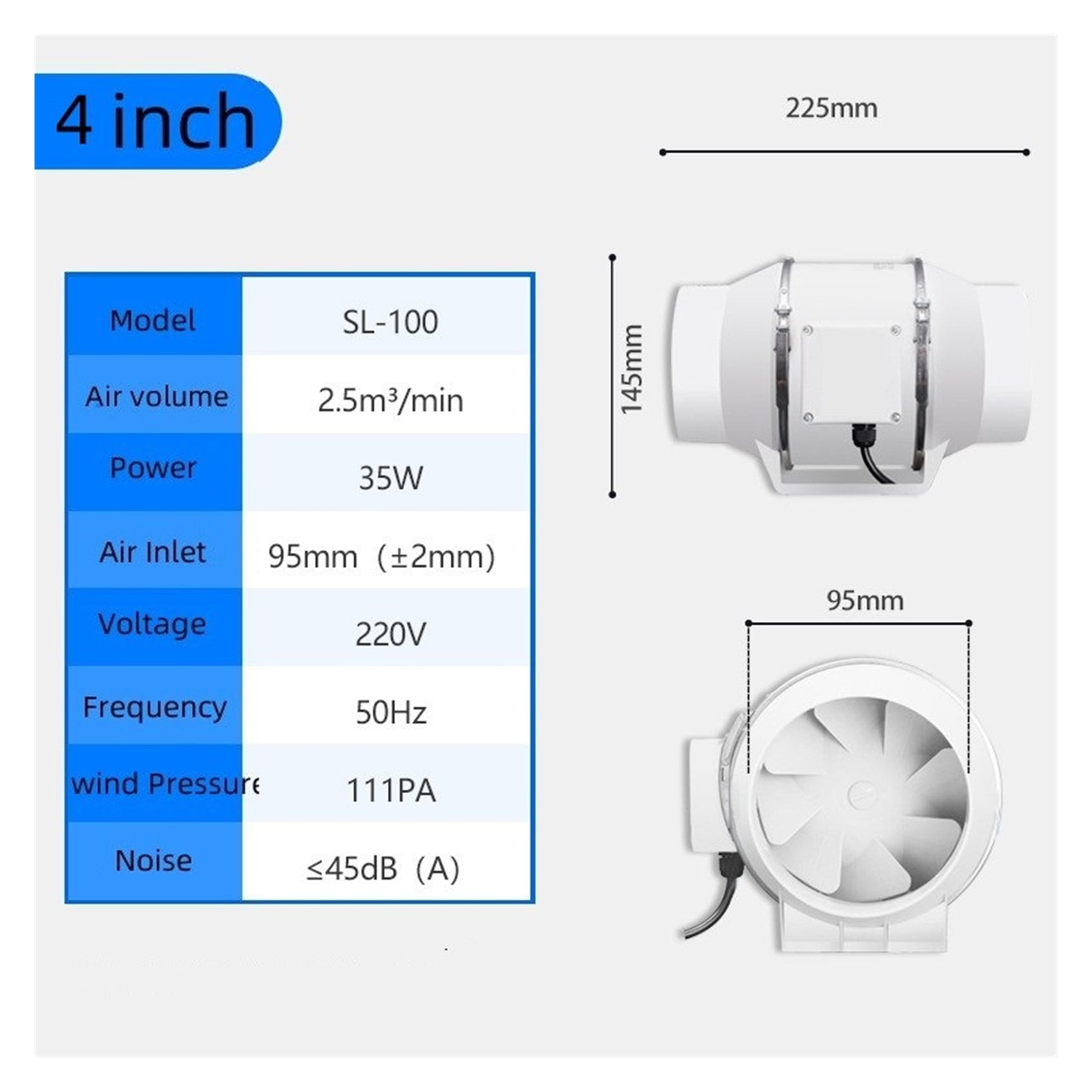 4/5/6 Inch Exhaust Fan Home Silent Inline Pipe Duct Fan Bathroom Extractor Ventilation Kitchen Toilet Wall Air Cleaning ,Energy-Efficient