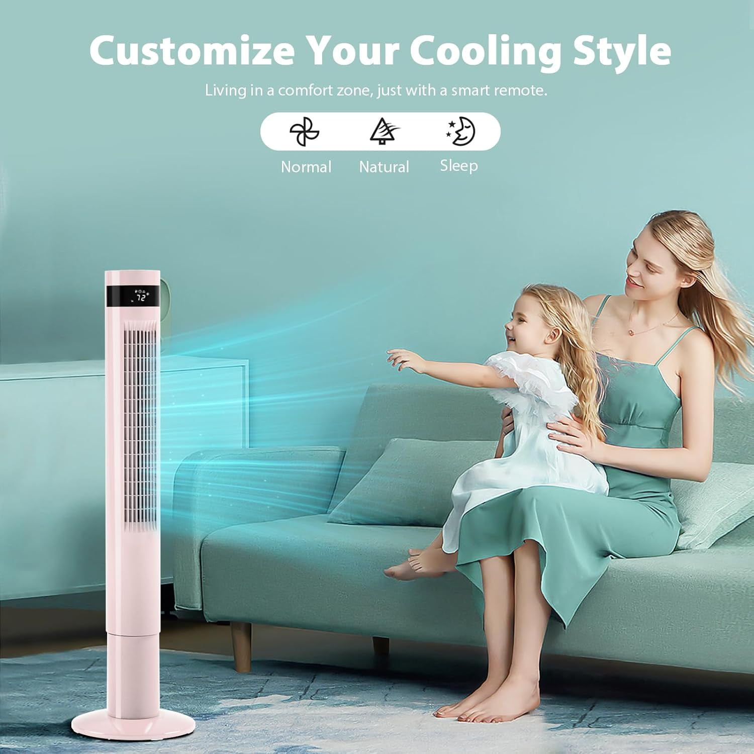 WAA 43" Pink Tower Fan Standing Oscillation Fan with Remote,3 Wind Modes,Time Settings,LED Display for Office