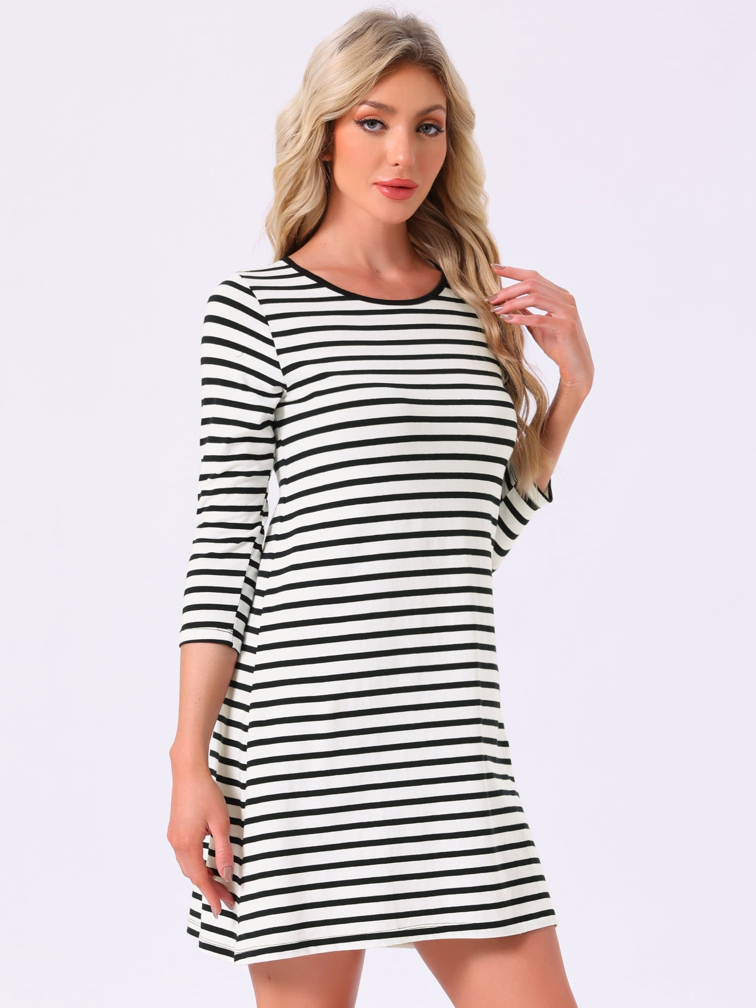 DARING DIVA Women's Cotton Stripe 3/4 Sleeve Round Neck Midi Sleepdress S Black