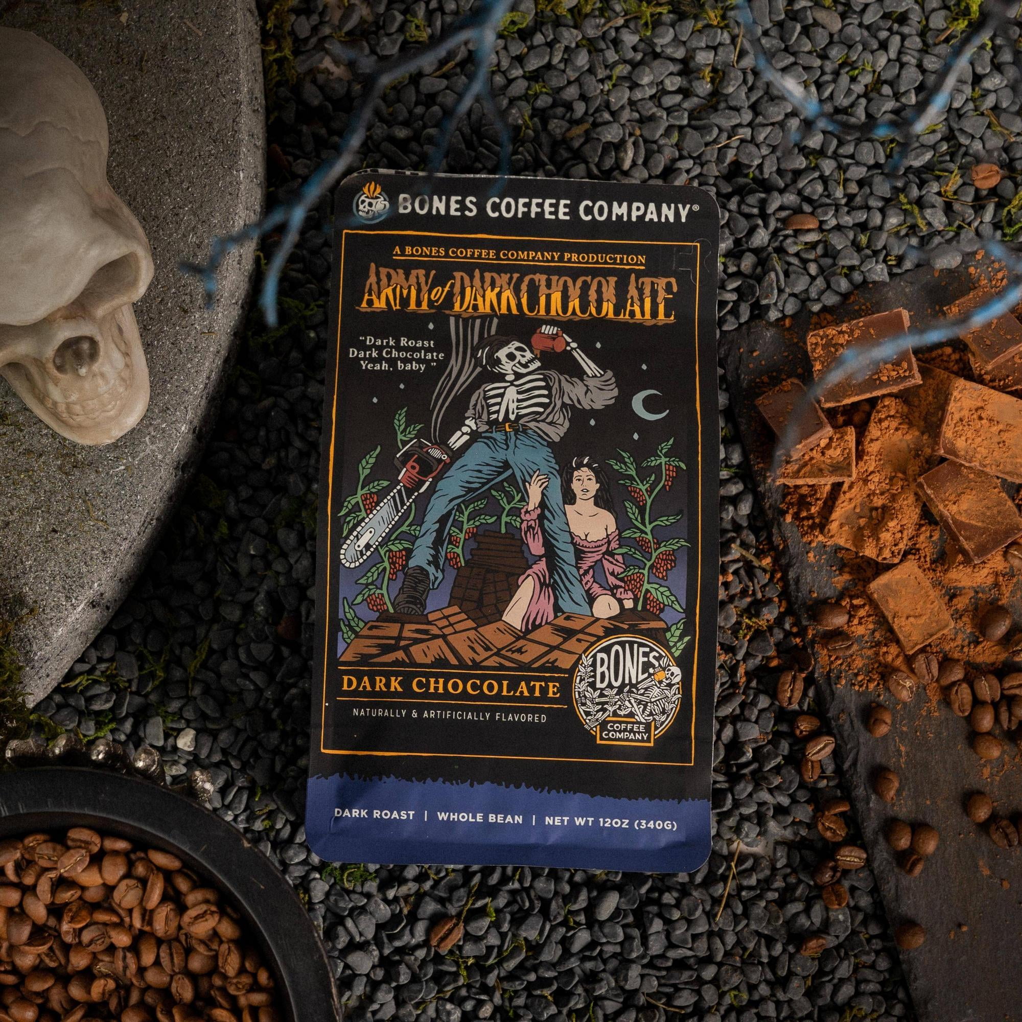 (2 pack) Bones Coffee Dark Roast Whole Bean Coffee | 12 oz Army of Dark Chocolate Flavored Coffee