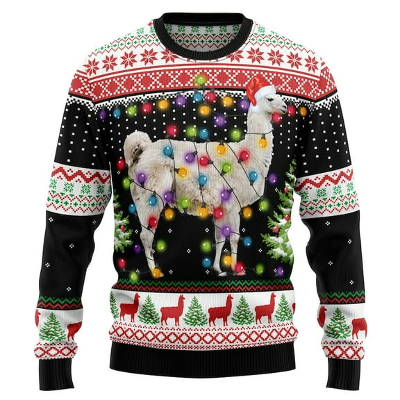 Llama Christmas Sweater, Alpaca Ugly Xmas Sweatshirt, Holiday Lights Farm Animal Sweater, Llama Lover Christmas Gift
