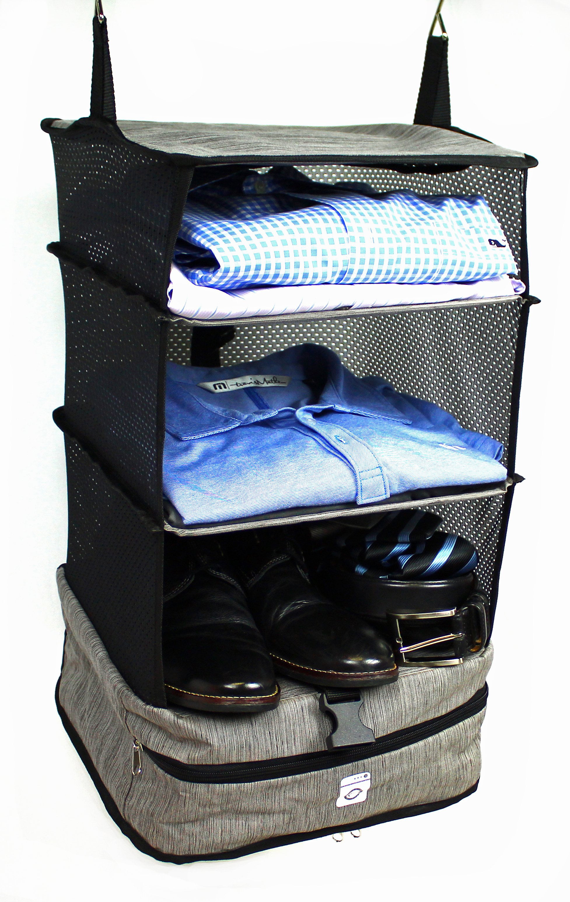 Stow-N-Go Portable Luggage System Suitcase Organizer Large BLUE Packable Hanging Travel Shelves & Packing Cube Organizer 