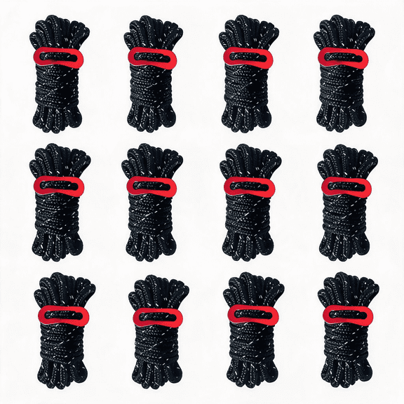 12 Pack Black Reflective Tent Guy Lines (4mm x 13ft), Heavy-Duty Camping Rope with Adjusters