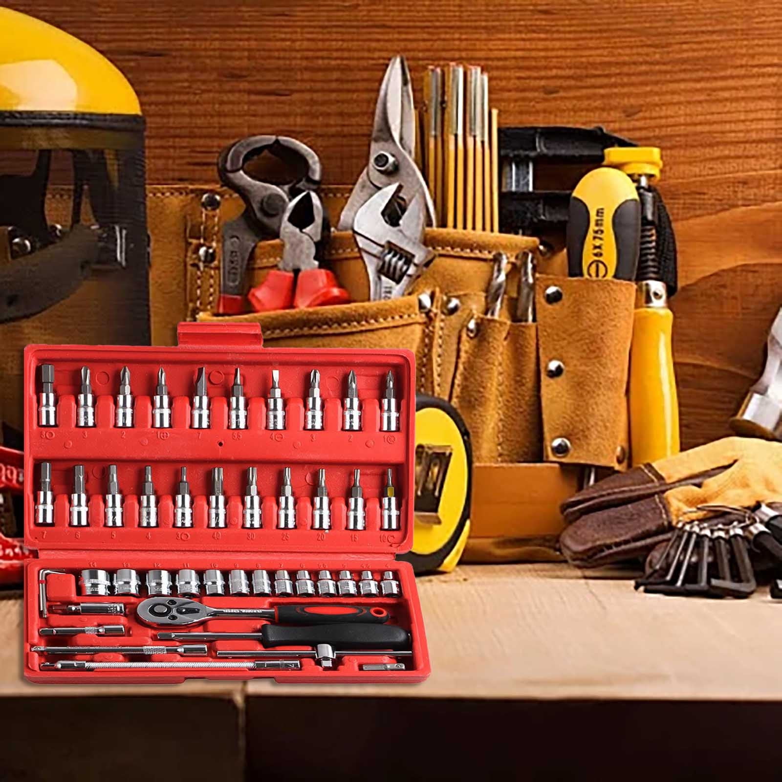 46 Piece Mechanics Tool Set Hardware Kit with Sockets for Automotive and General Machinery