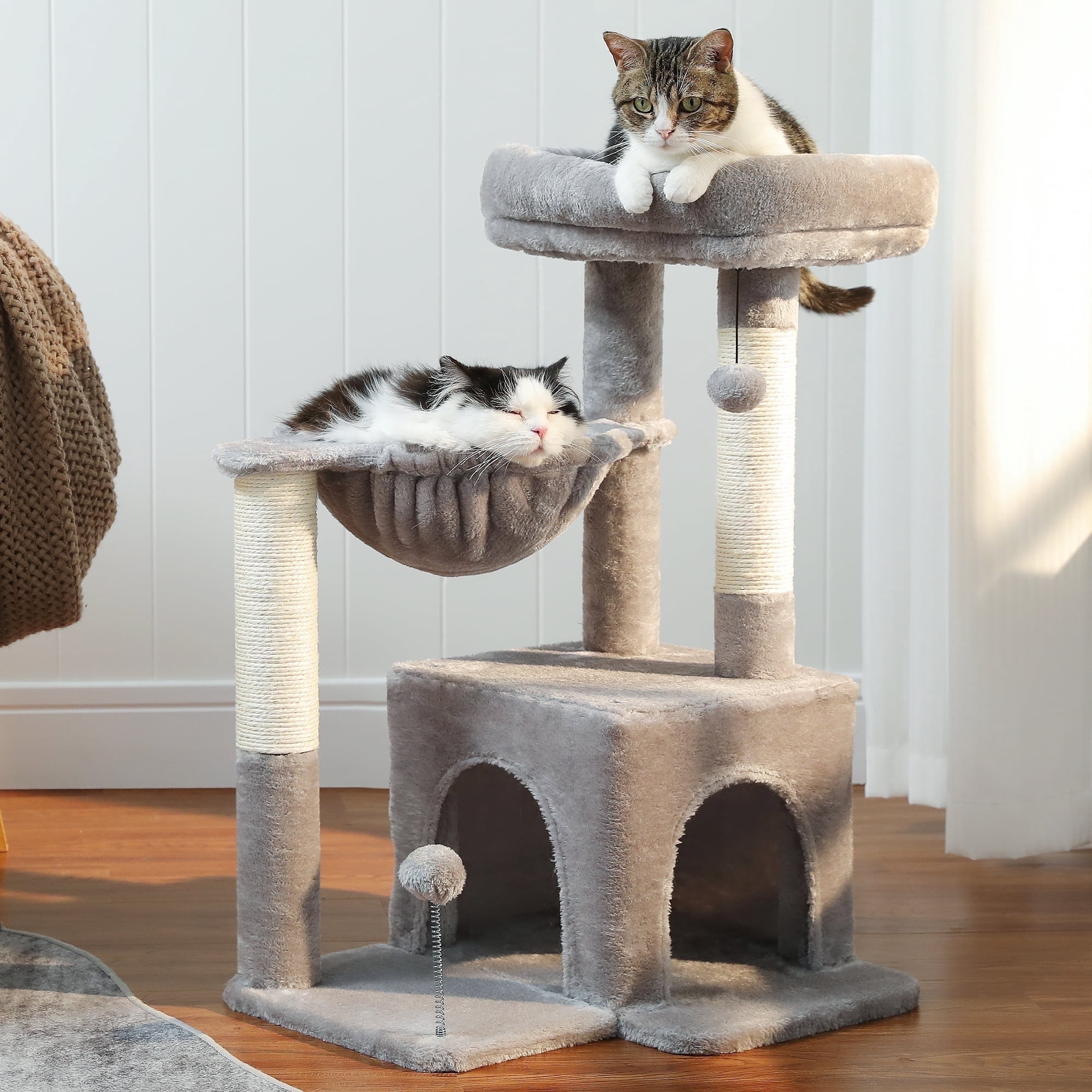 PAWZ Road 29" Cat Tree for Kittens and Small Cats, Small Cat Tower with Hammock, Condo, Top Perch and 2 Sisal Scratching Posts, Gray