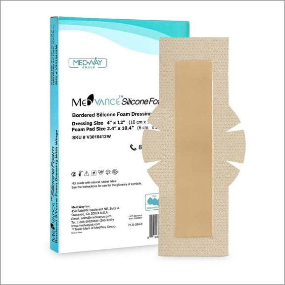 MedVanceTM Silicone - Bordered Silicone Adhesive Foam Dressing, Post Elbow, Shoulder Knee Surgery, (4"x12" w/Wings)