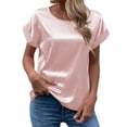 thumbnail image 2 of Short Sleeve Blouse Round Neck Pure Color Casual Comfortable Breathable Skin Friendly Top for Women Pink M, 2 of 6