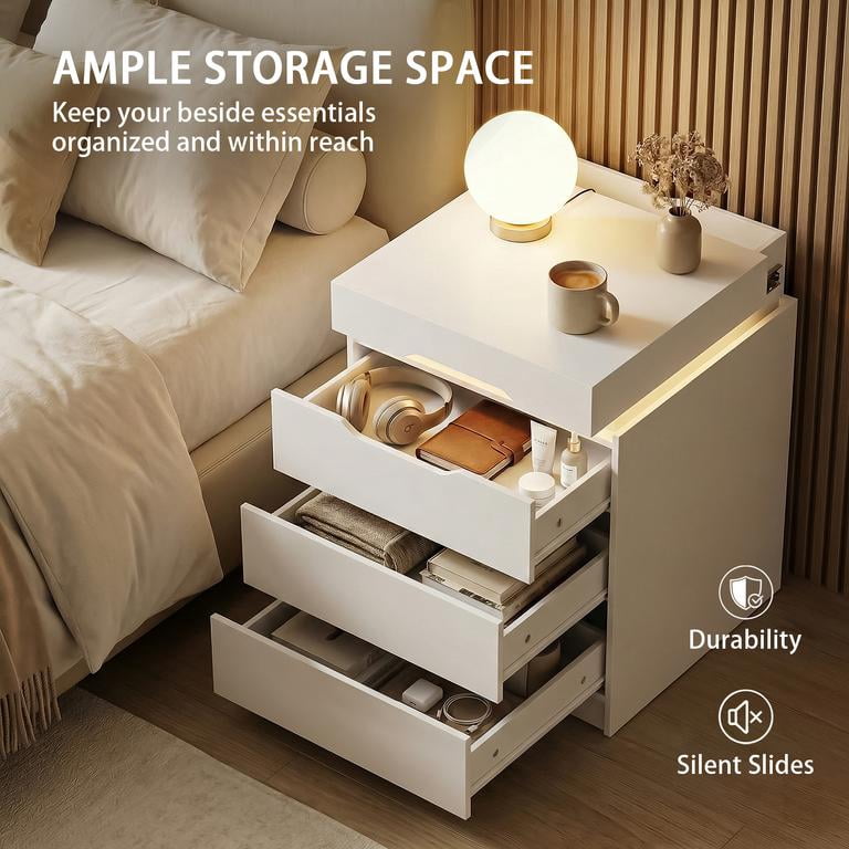 Lacoo Modern End Table with LED Lights & Charging Station, White Nightstand with 3 Drawers & Upper Storage for Living Room Bedroom, 3 Drawer