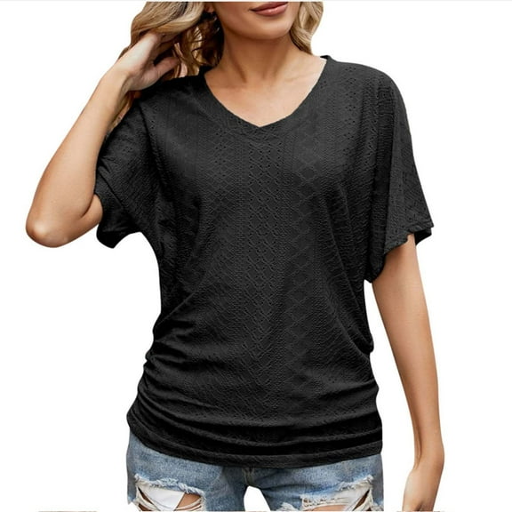 Mittory Women's V Neck Short Sleeve Hollow Out Lace Tops Casual Loose Fit Eyelet Shirts