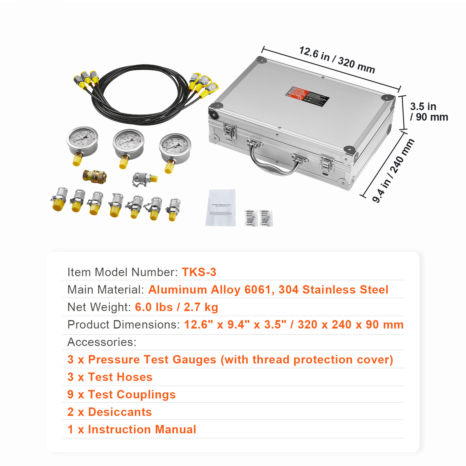 SKYSHALO Hydraulic Gauge Test Kit, 250/400/600bar Range, Includes 3 Gauges, 9 Couplings, 3 Hoses, and Carrying Case for Testing Excavator, Tractor, and Construction Equipment Hydraulics